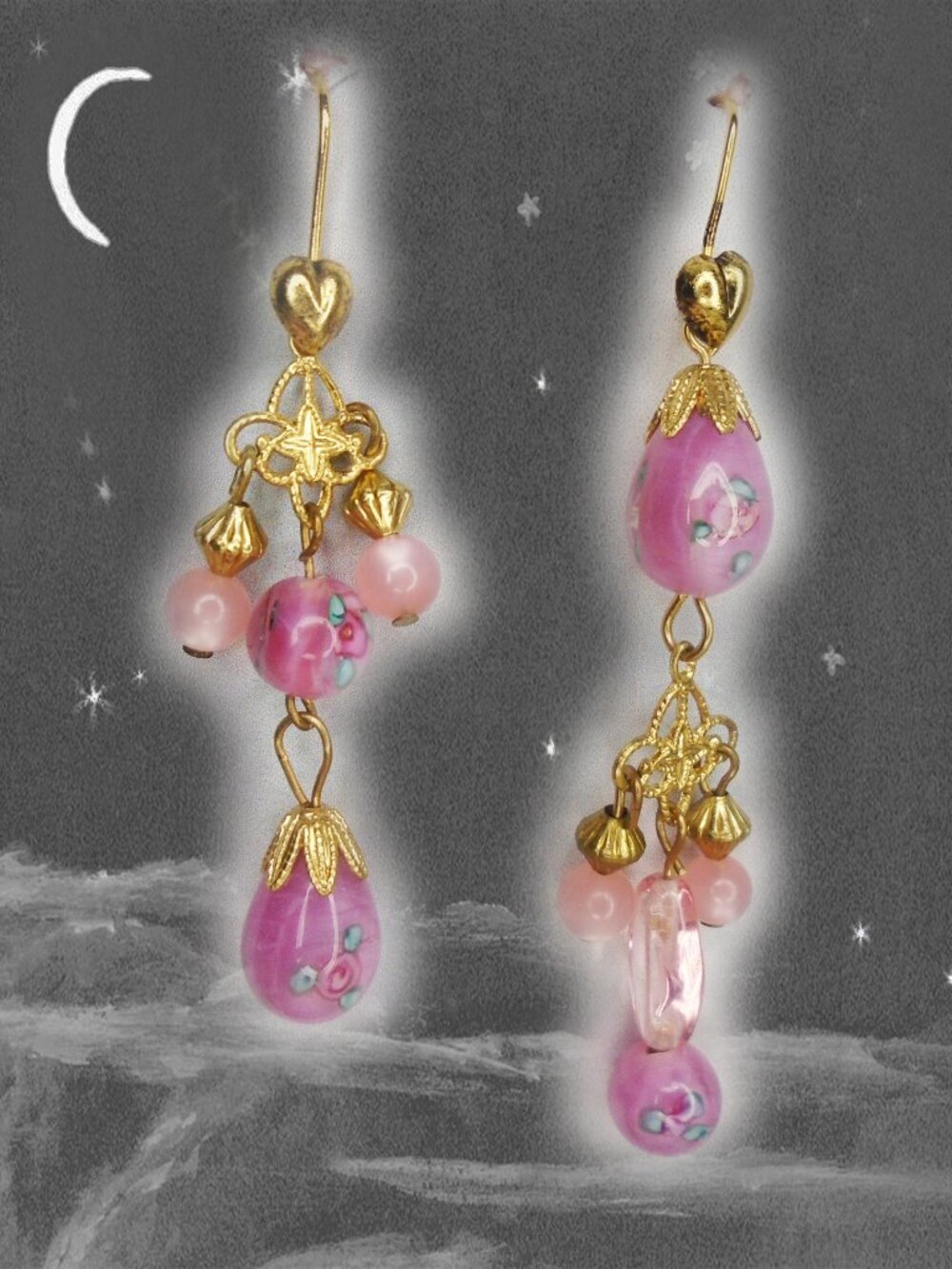 Asymmetrical Earrings Pink Dangle - OOAK with Vintage - Rococo Glamour